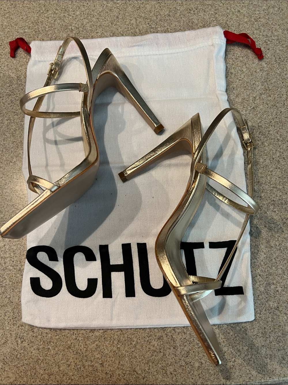 ❤️SCHUTZ PLATINA Gold Metallic Strappy Square-Toe Stiletto Heels - Picture 4 of 10